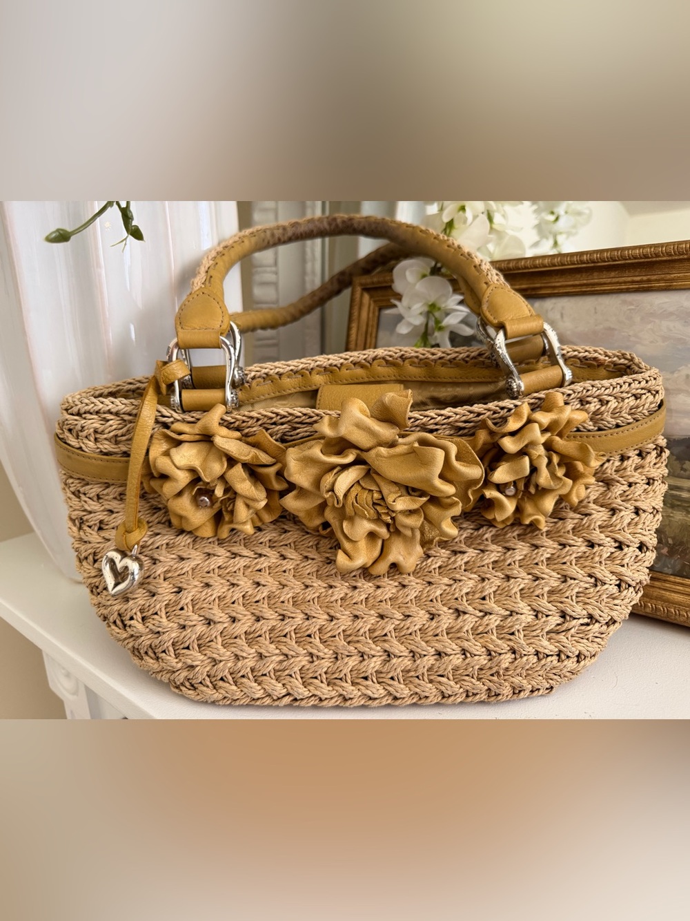 Brighton Straw Tote with Golden Leather Floral Trim